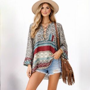 JOHNNY WAS Lace Up Oversized Copra Rayon Printed Tunic Top Boho Chic Sz XS